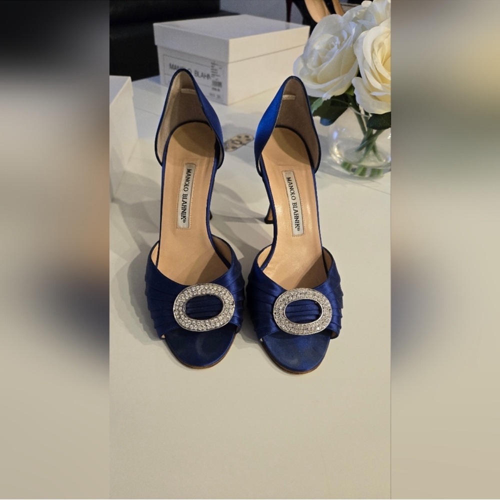 Manolo Blahnik Royal Blue Satin D'Orsay Heels with Crystal Oval Buckle
